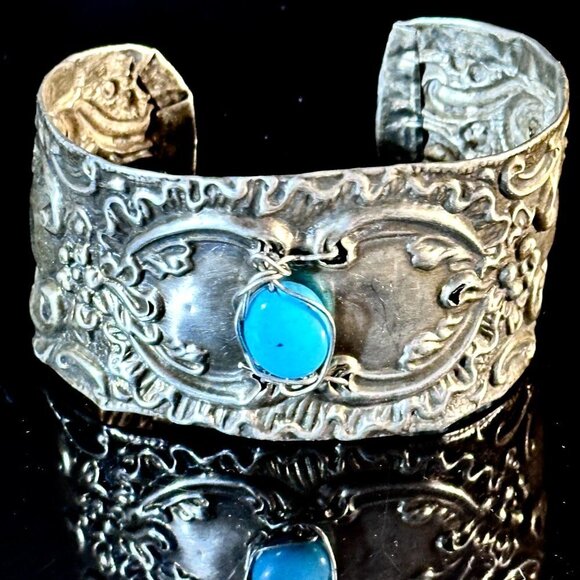Antique Sterling Silver Cuff Bracelet Sleeping Beauty Turquoise 925 Victorian - Picture 3 of 12